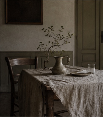 Quiet French dining room with weathered walls